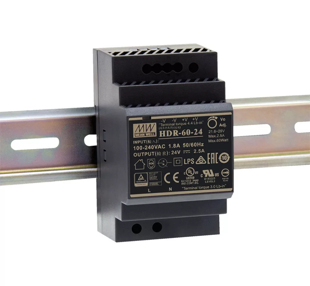 HDR-60/24 Kapcsolóüzemű tápegység, 60W, 24V, 2,5 A, DIN sínre