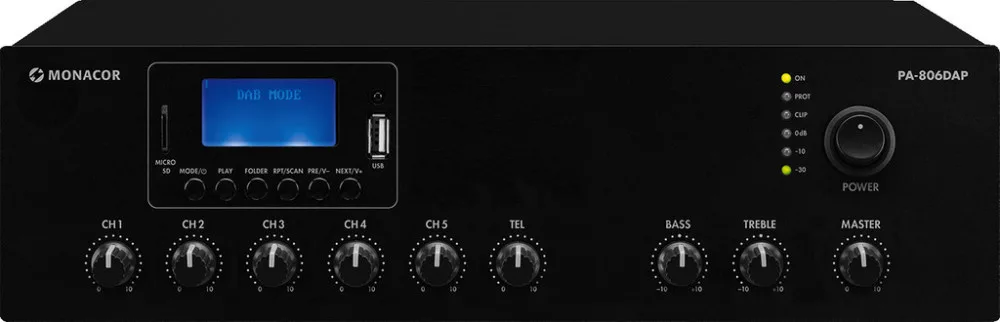 PA-806DAP D-class mono PA mixer amplifier, MP3, USB/SD, FM, DAB+, BT, 60 W