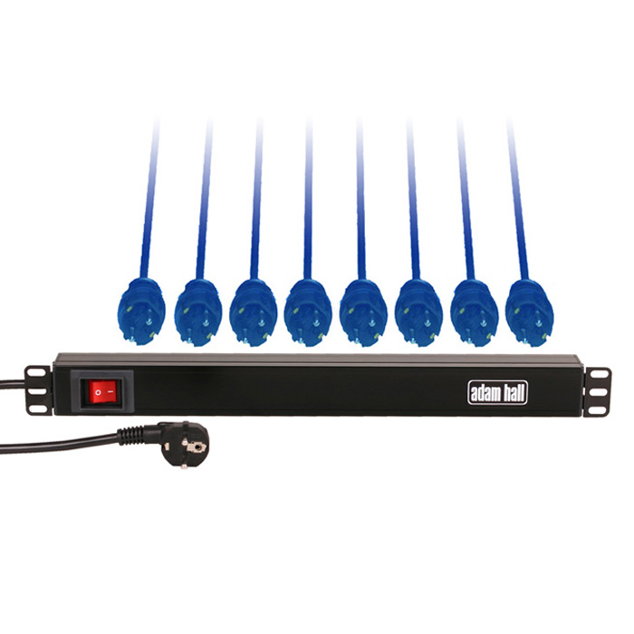 Adam Hall Cables 87471 - 19" power distributor 1 U, hátlapon 8 x earthed / Schuko socket, előlapon switch, black