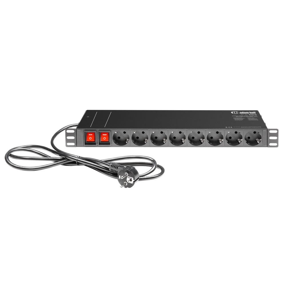 Adam Hall Cables 874716 - 19" power distributor 1 U, elő- and hátlapon 8-8 x earthed / Schuko socket, előlapon 2 switch, black