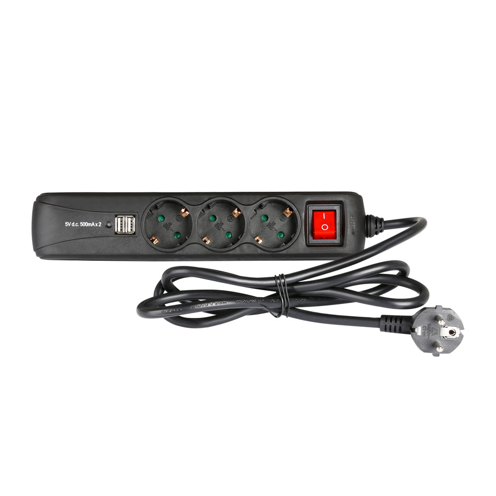 Adam Hall Cables 8747 S3 USB - power distributor 2 x USB charger + 3 x earthed / Schuko socket (16A/250V), kapcsolóval, 1,4 m with cable, black