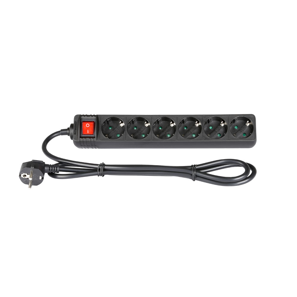 Adam Hall Cables 8747 S6 - power distributor 6 x earthed / Schuko socket (16A/250V), kapcsolóval, 1,4 m with cable, black