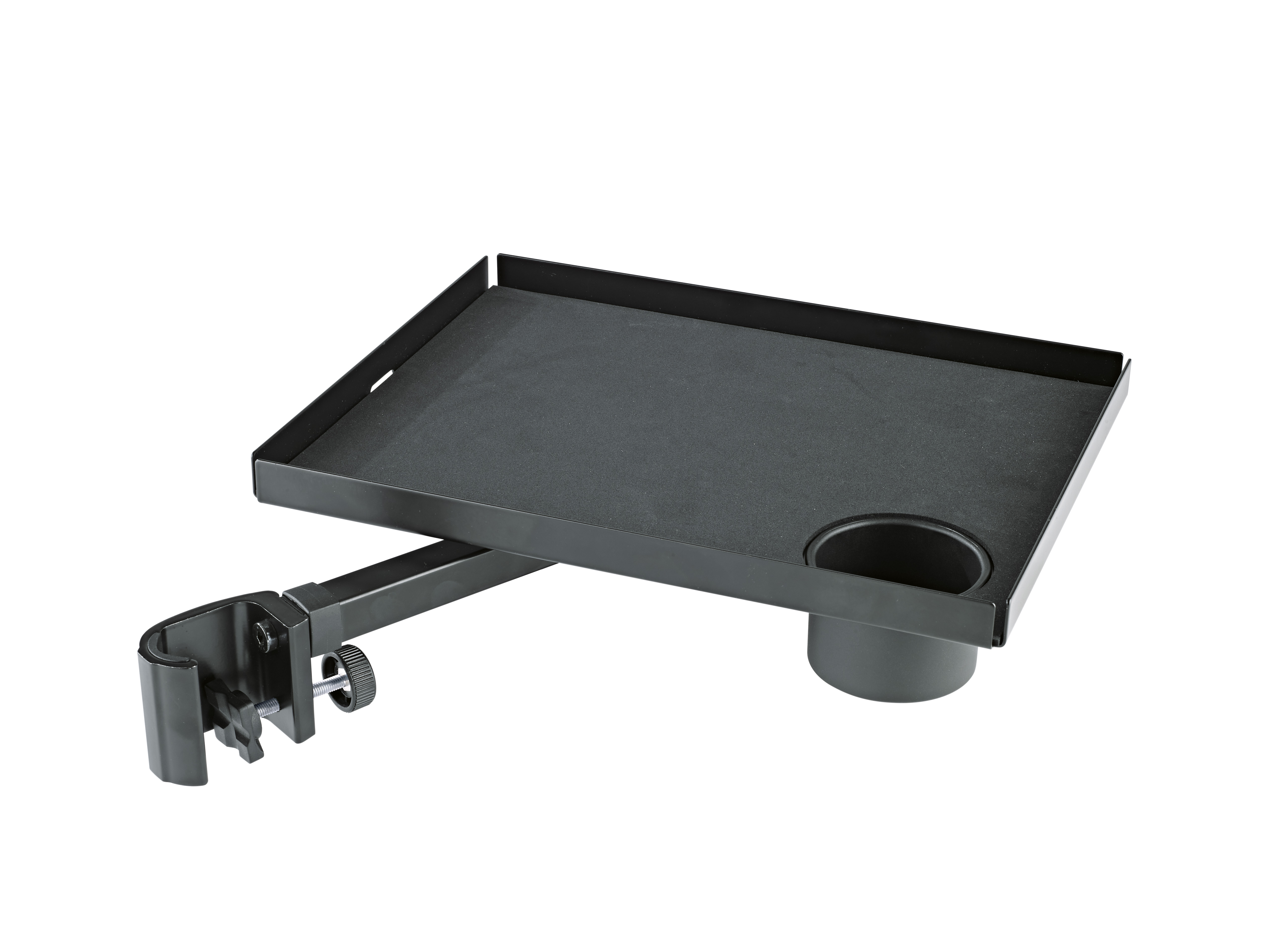 König & Meyer 12225 - tray on stand mountable, 250 x 330 mm, steel, pohártartóval, kábelbevezető nyílással, burkolt munkalappal, black