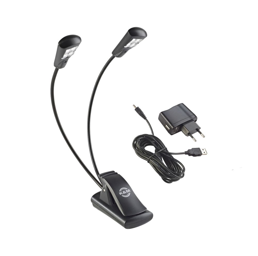 König & Meyer 12245 - music stand light - Double4 Flex Light 2x4 LED (2x1700 lux), clip-on, elemmel and a tartozék AC adaprel táplálható,black