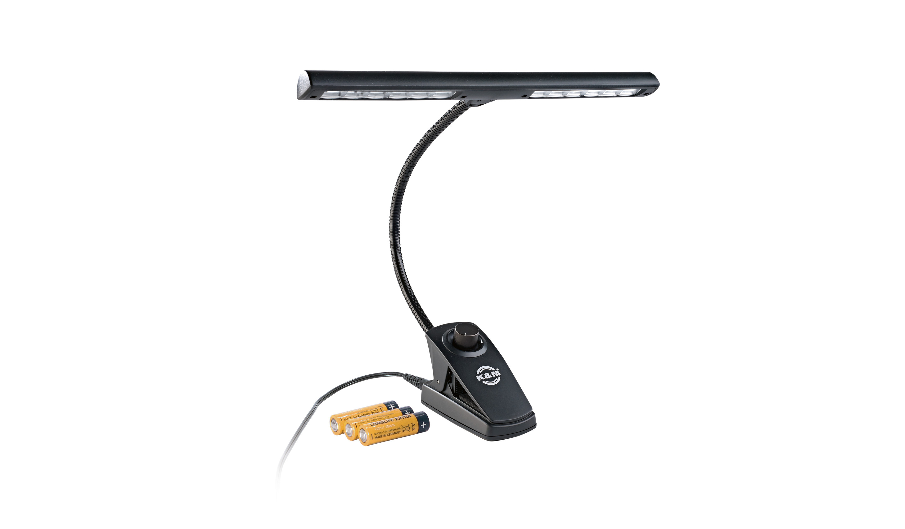 König & Meyer 12295 - music stand light 12 LED (2x1400 lux), fényerőszabályzó, 3xAA element / cell and 110-240 V AC adapter, black
