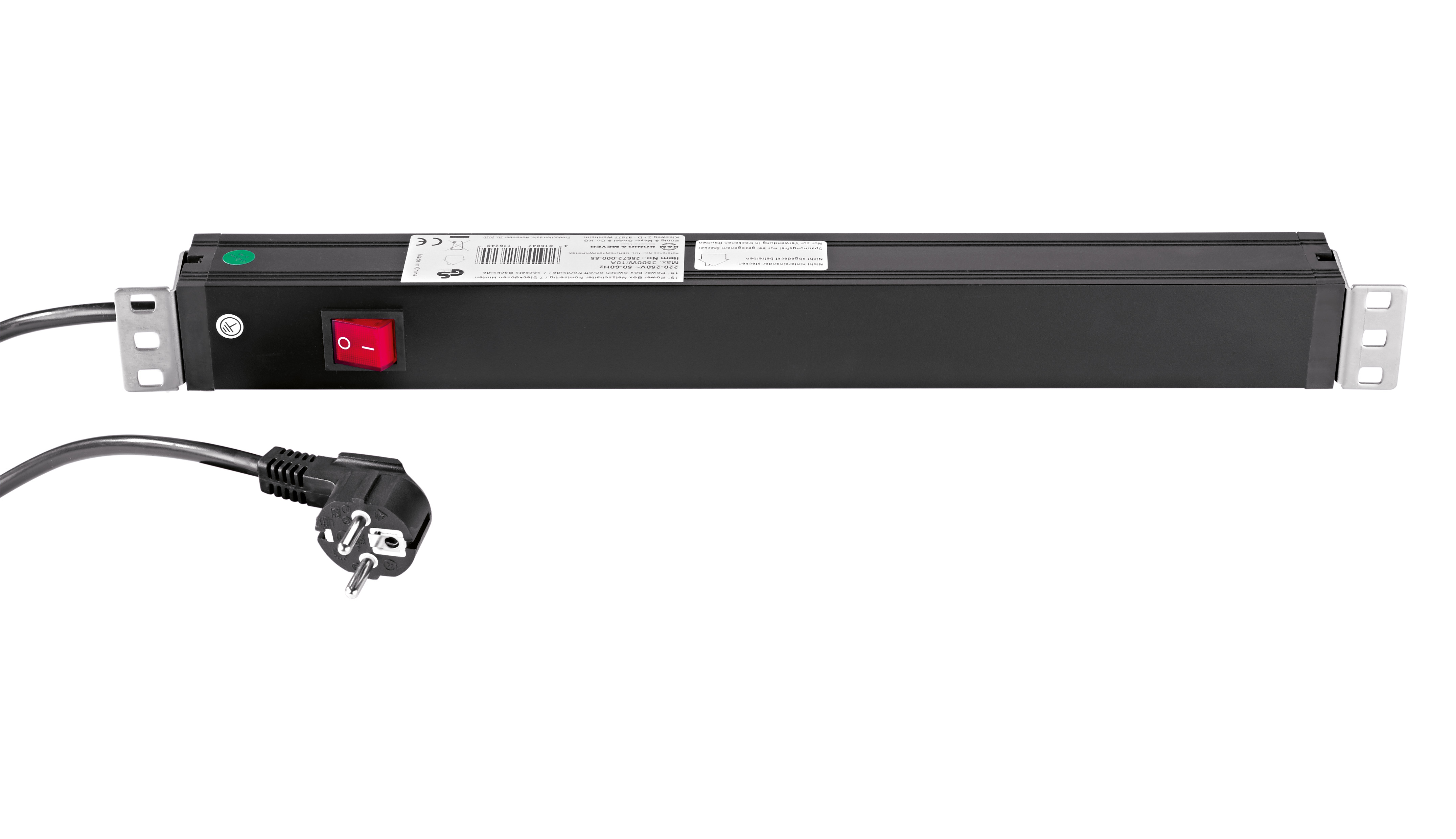König & Meyer 28672 - power distributor 19"/1 U - előlapon switch, hátlapon 7 x earthed / Schuko socket, 2 m cable, 16A/250V, black