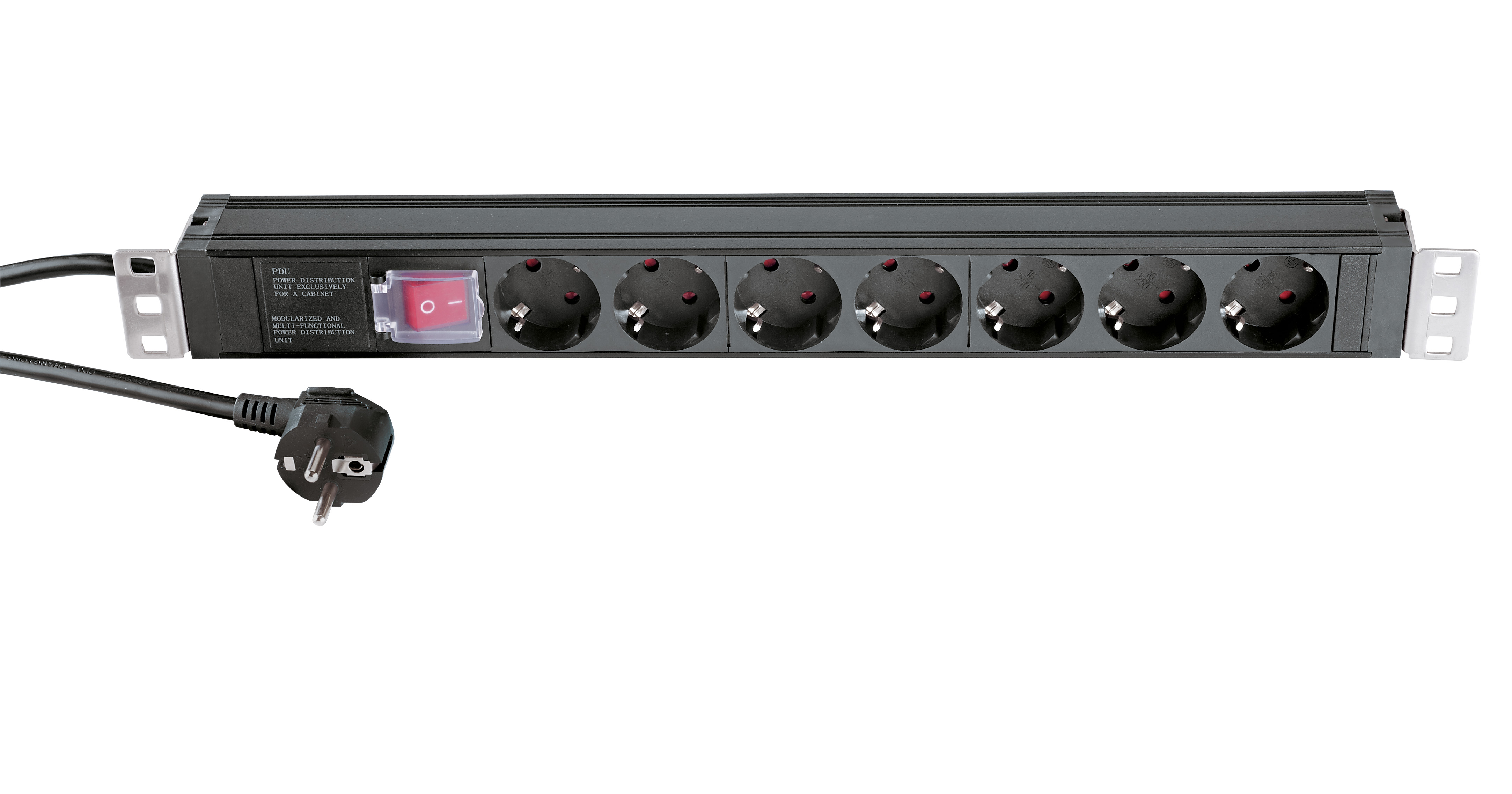 König & Meyer 28674 - power distributor 19"/1 U -előlapon switch and 7 x earthed / Schuko socket, 2 m cable, 16A/250V, black