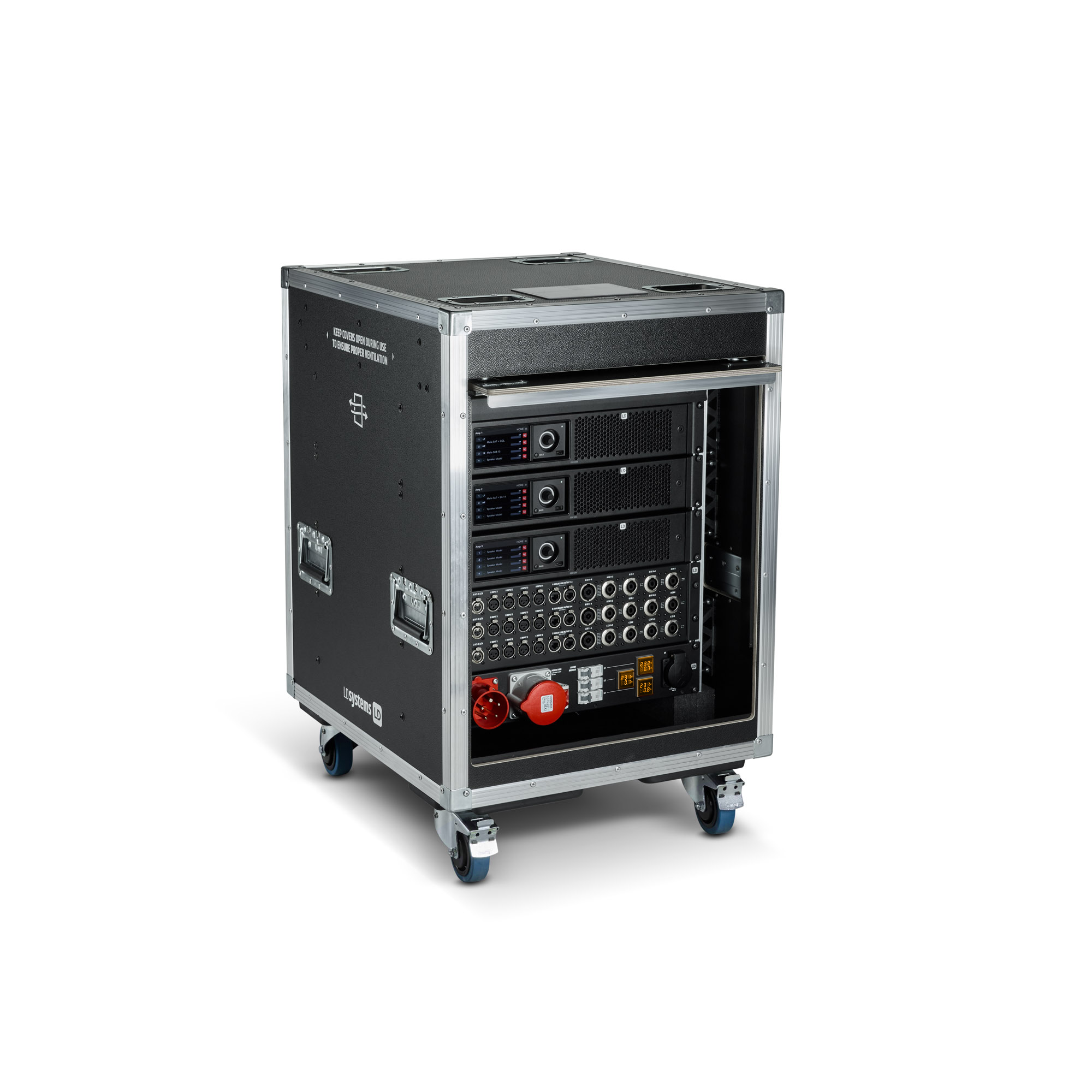 LD Systems ADA 12K4 TOURING RACK - rack-be épített amplifier (3 × ADA 12K4) patch panellel and áramelosztóval, 12-channel