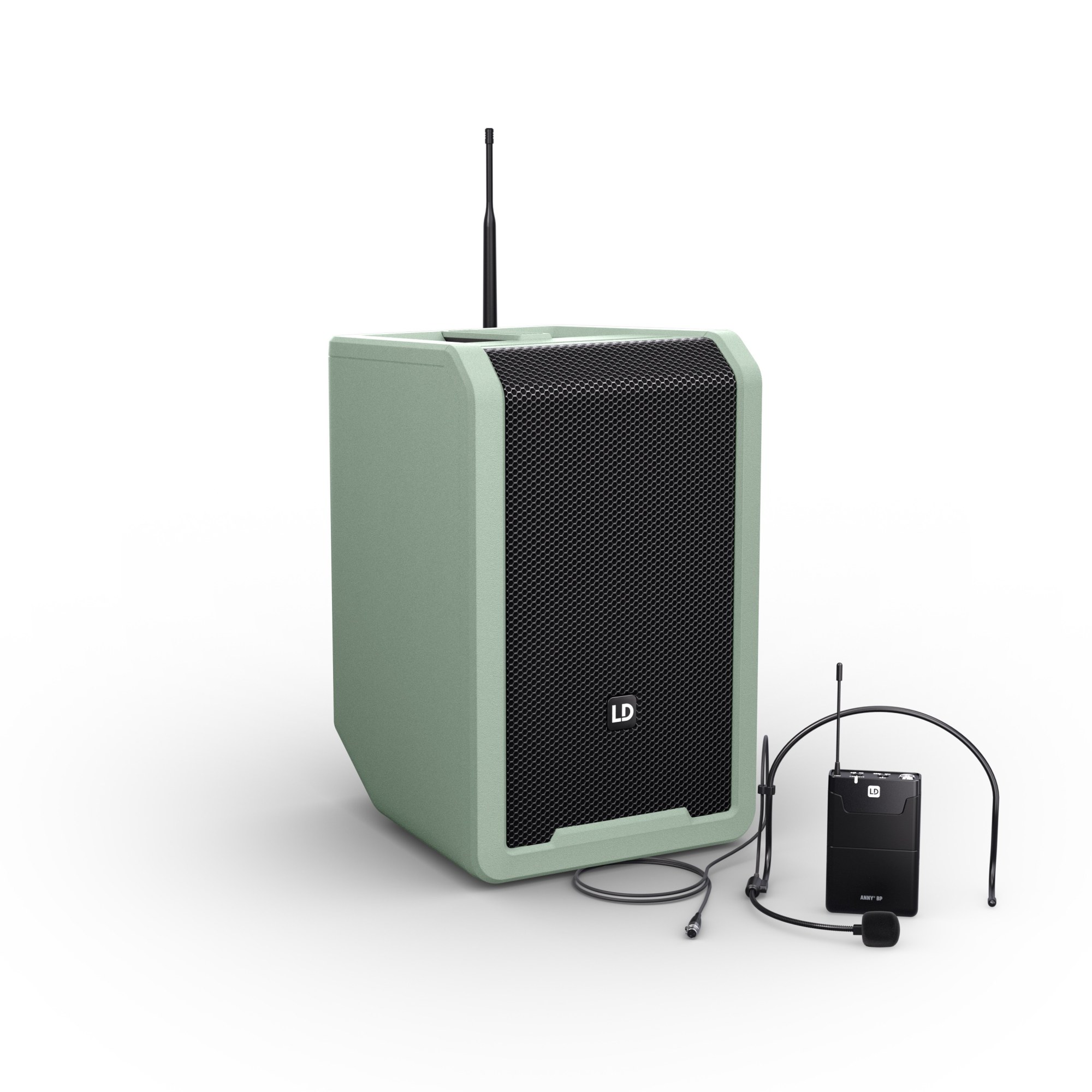 LD Systems ANNY® 8 BPH B5 GN - ANNY® 8", battery-powered Bluetooth® PA rendszer with mixer and 1x headset mikrofonnal - 584-608 MHz, adventure green