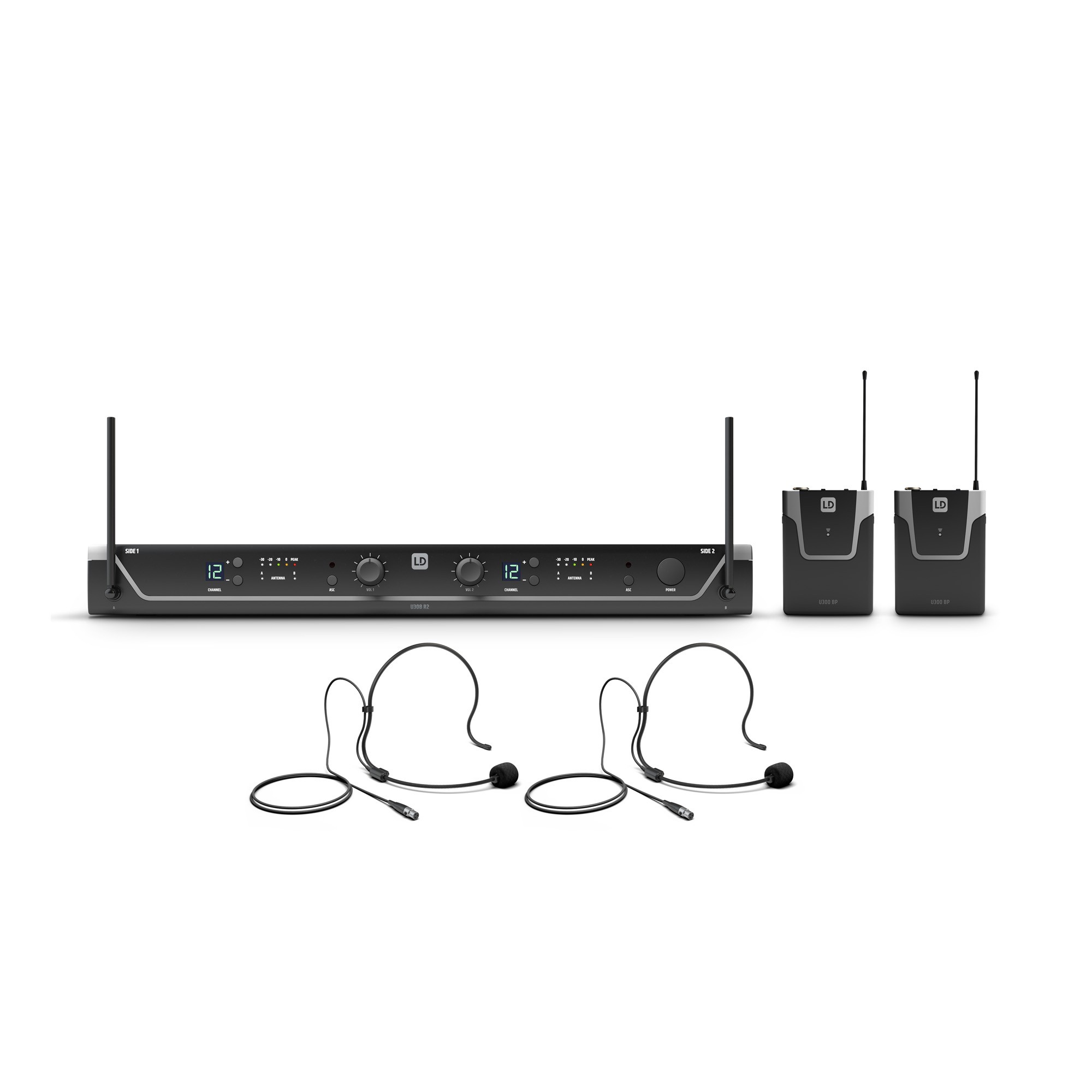 LD Systems U306 BPH 2 - diversity mikrofon készlet dupla vevő, 2 darab csíptetős adóval, fejmikrofonnal, 655-679 MHz
