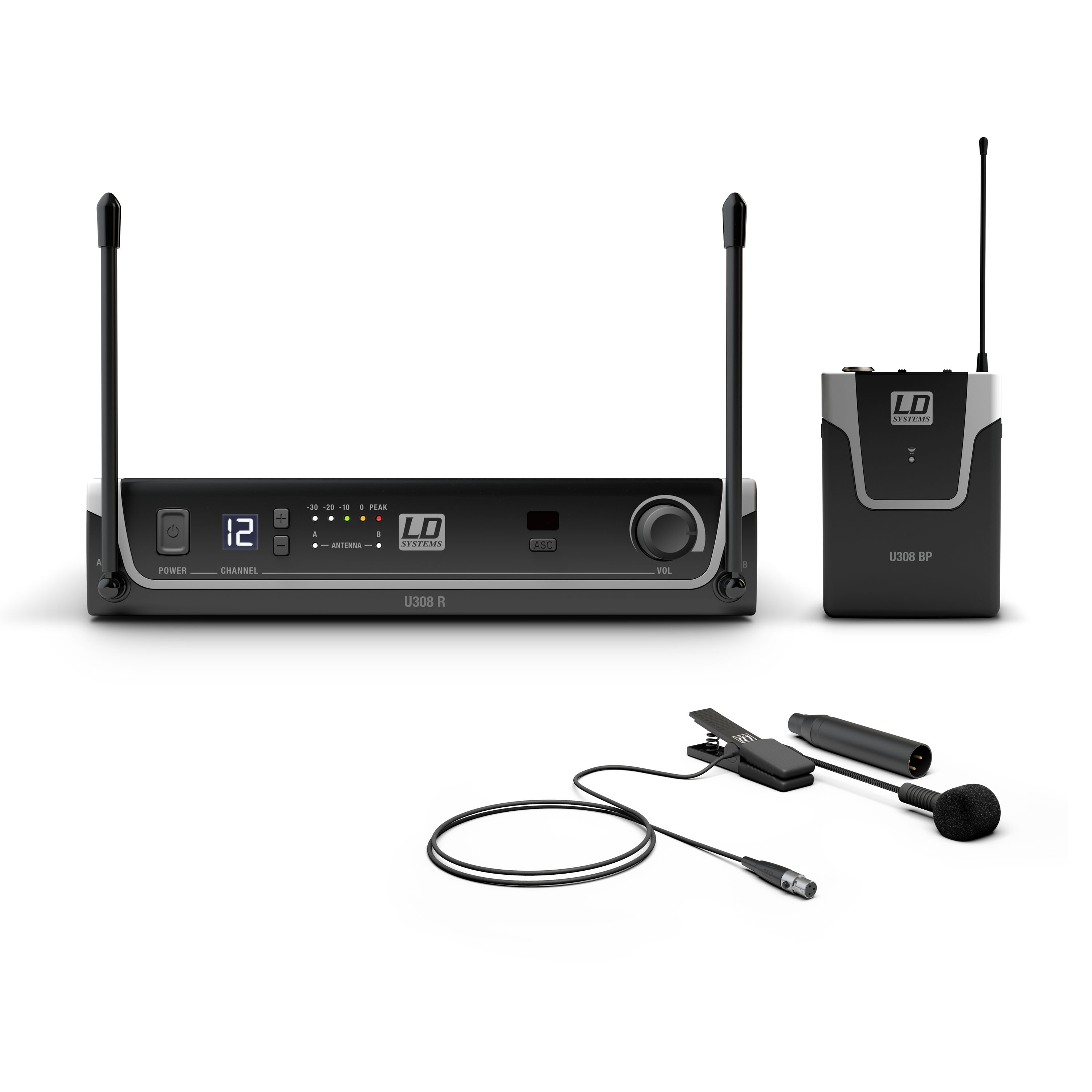 LD Systems U308 BPW - diversity mikrofon készlet csíptetős adóval, fúvós hangszerre csíptethető mikrofonnal, 823-832 MHz és 863-865 MHz
