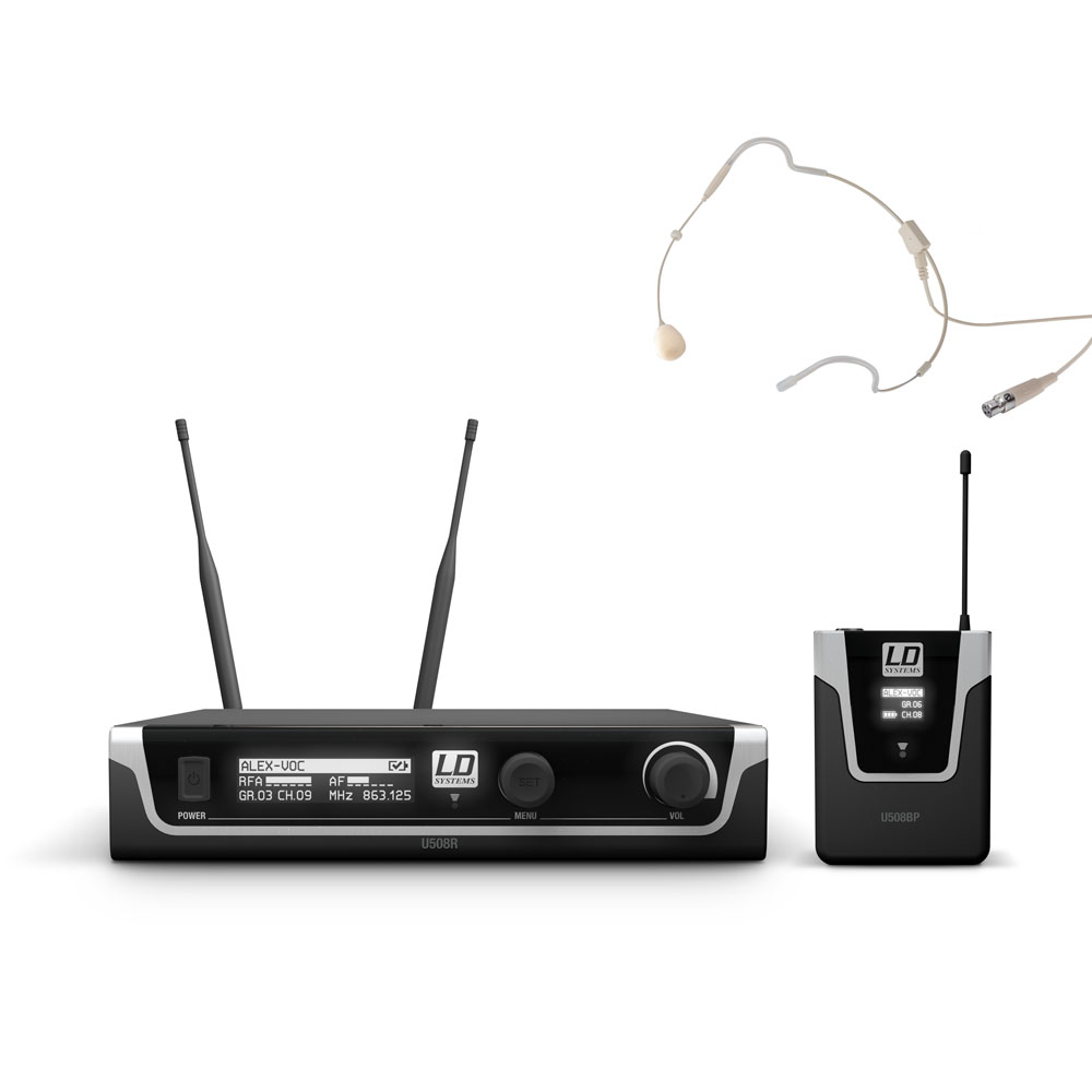 LD Systems U505 BPHH - diversity microphone kit clip-on with transmitter, testszínű fejmikrofonnal, 584-608 MHz