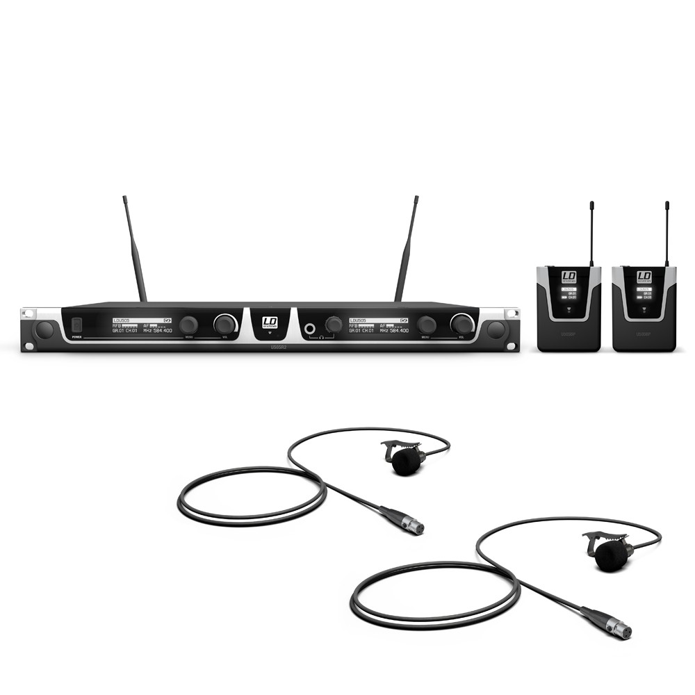 LD Systems U505 BPL 2 - diversity microphone kit dual receiver, 2 pcs clip-on with transmitter and 2 pcs nyakkendő mikrofonnal, 584-608 MHz