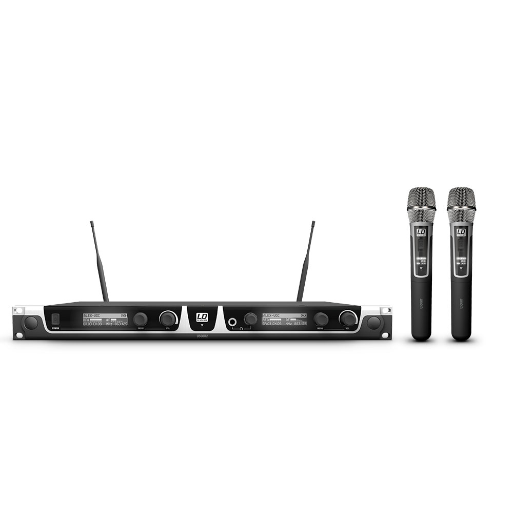 LD Systems U505 HHC 2 - diversity microphone kit dual receiver, 2 pcs condenser capsule handheld with transmitter, 584-608 MHz