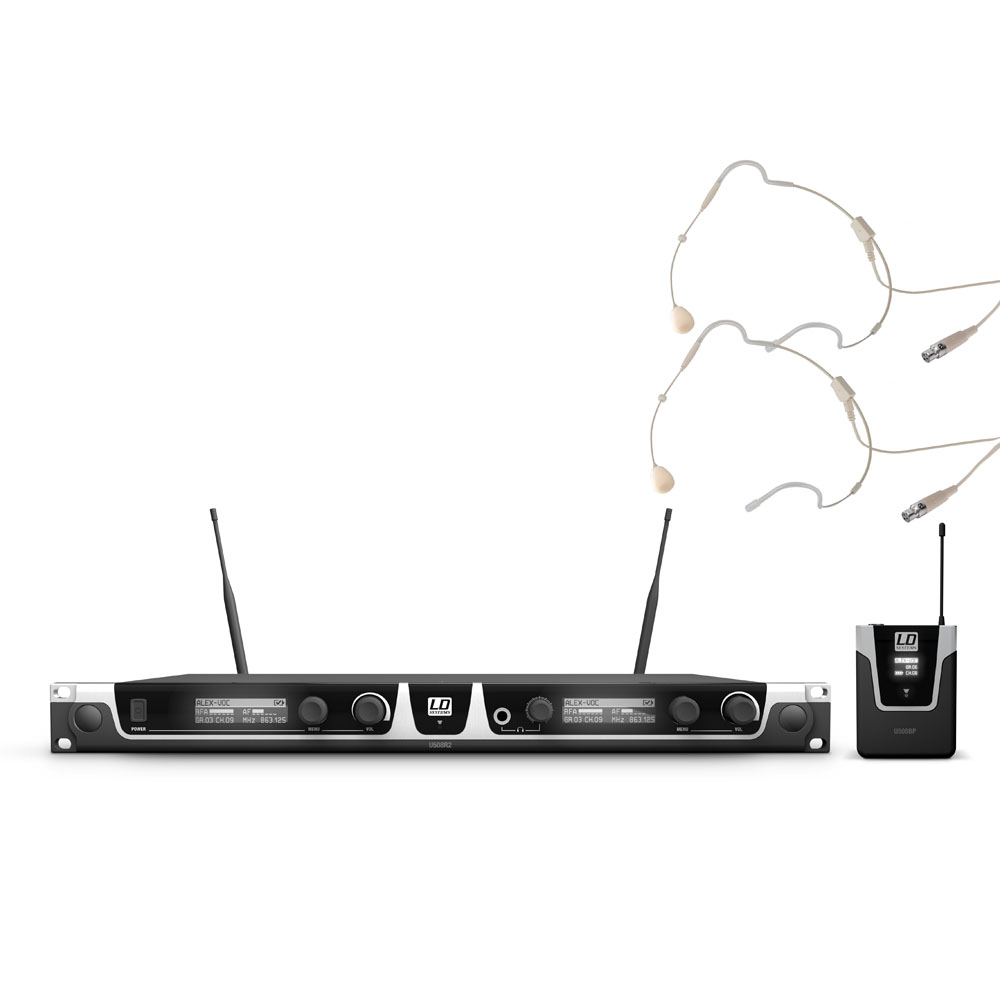LD Systems U506 BPHH 2 - diversity microphone kit dual receiver, 2 pcs clip-on with transmitter and 2 pcs testszínű fejmikrofonnal, 655-679 MHz