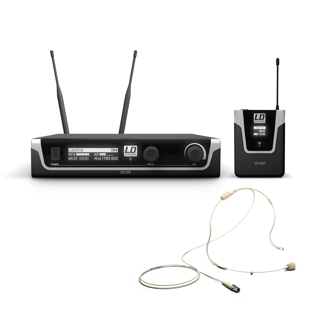 LD Systems U518 BPHH - diversity microphone kit clip-on with transmitter, testszínű fejmikrofonnal, 1785-1800 MHz