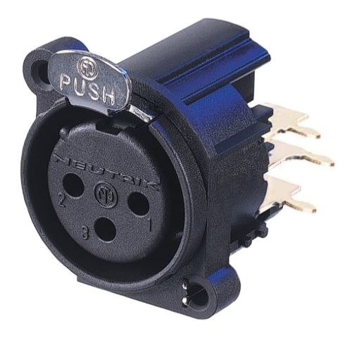 Neutrik NC3FAHR1-0 - 3-pin XLR socket jobb oldali for PCB, common / combined 1. foot+GND+housing, retesszel, A housing