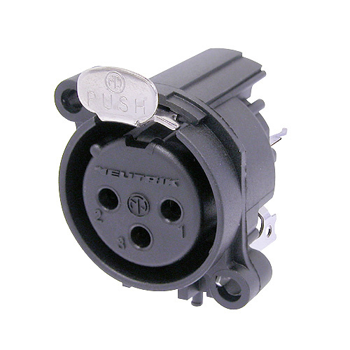 Neutrik NC3FAV1 - 3-pin XLR socket vertical PCB-mount, common / combined 1. foot+GND+housing, retesszel, A housing