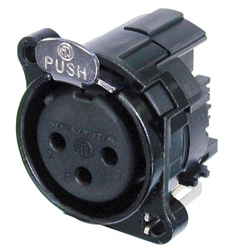 Neutrik NC3FBH1-B - 3-pin XLR socket black, horizontal PCB-mount, common / combined 1. foot+GND+housing, retesszel, B housing