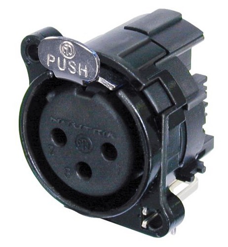 Neutrik NC3FBH2-B - 3-pin XLR socket black, horizontal PCB-mount, separate GND and housing, retesszel, B housing