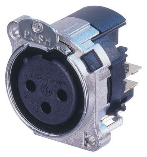 Neutrik NC3FBHL1 - 3-pin XLR socket bal oldali for PCB, common / combined 1. foot+GND+housing, retesszel, B housing