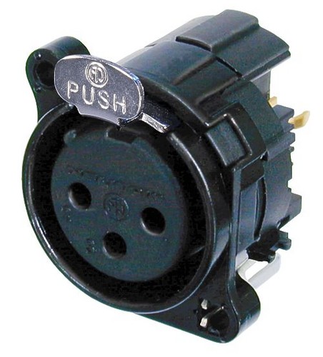 Neutrik NC3FBV2-B - 3-pin XLR socket black, vertical PCB-mount, separate GND and housing, retesz-szemmel, B housing