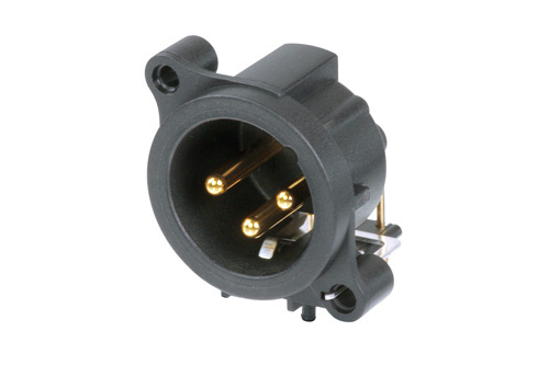 Neutrik NC3MAAH-1 - 3-pin XLR plug horizontal PCB-mount, common / combined 1. foot+GND+housing, retesszel AA housing