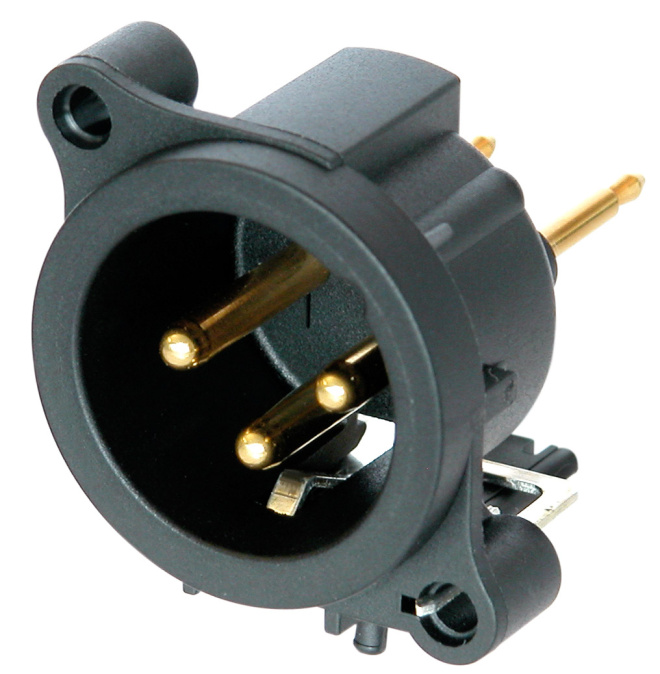 Neutrik NC3MAAV - 3-pin XLR plug vertical PCB-mount, common / combined 1. foot+GND+housing, spring-loaded AA housing