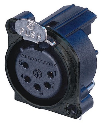 Neutrik NC5FBV-B - 5-pin XLR socket vertical PCB-mount, gold-plated contact, earthing without, retesszel, black B housing