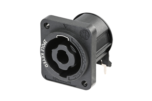 Neutrik NL2MDXX-H-3 - speakON 2-pin speaker connector panel-mount, horizontal PCB-mount, önmetsző (A) screw lyukakkal, D housing