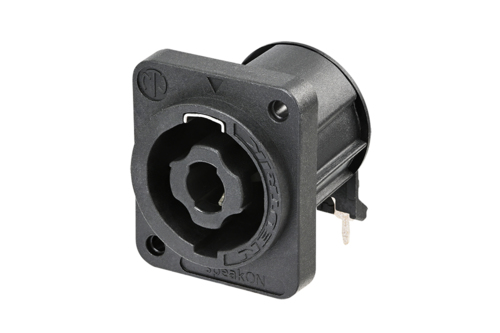 Neutrik NL4MDXX-H-2 - speakON 4-pin speaker connector, panel-mount, horizontal PCB-mount, D housing tükrözött önmetsző (A) screw lyukakkal