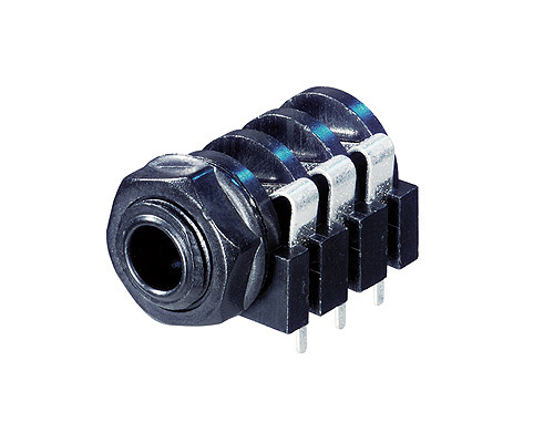 REAN NYS216 - 6,35 mm stereo socket - panel-mount, 3-szoros switch, horizontal PCB-mount, (távolság 8,2 mm) plastic housing, bulk