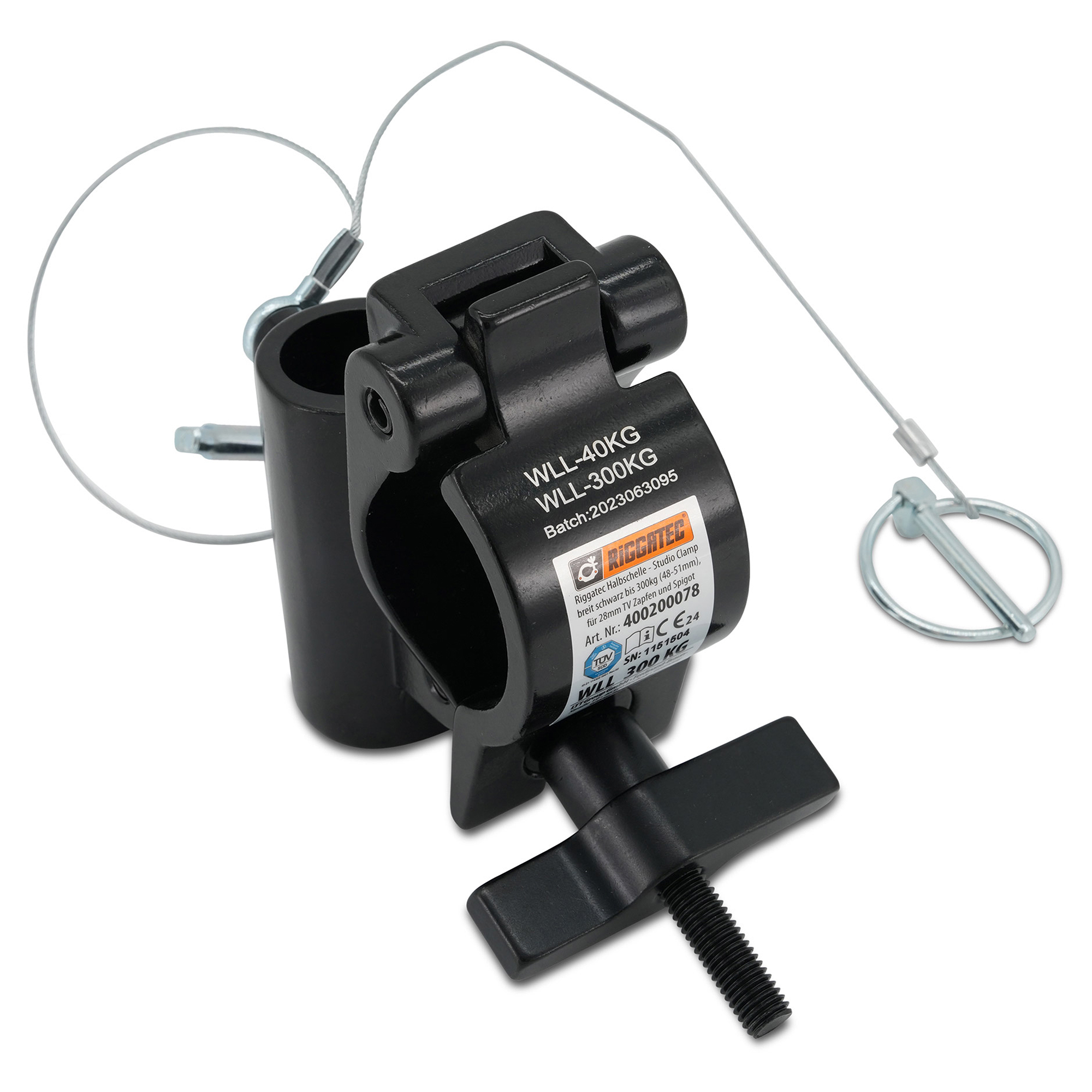 Riggatec 400200078 half coupler clamp TV28 for connector - 16 mm csappal | black | load capacity 300kg | 48-51mm tube diameter